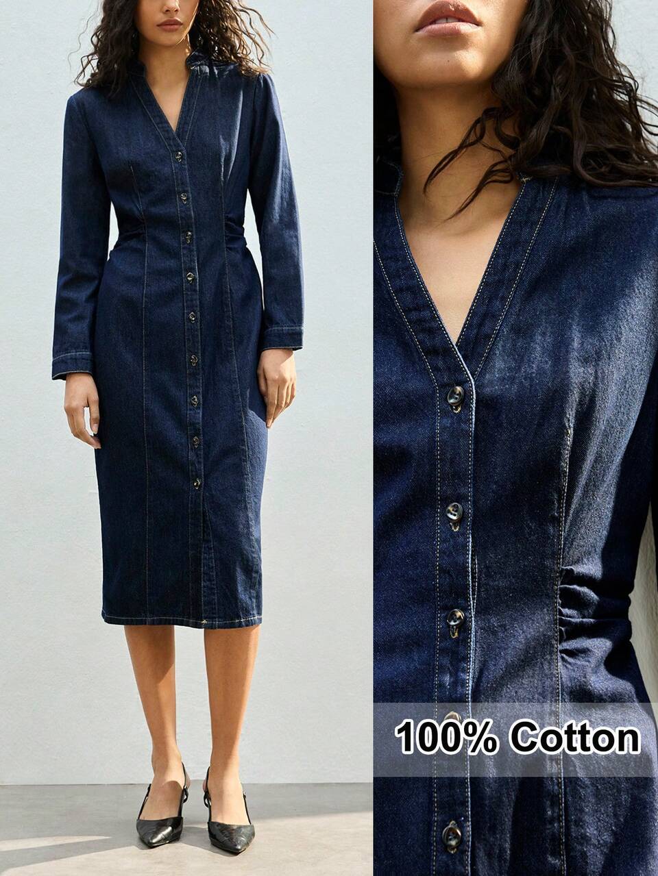 SHEIN Maija Elegant Long-Sleeved Women's Dress, Raw Denim, Fitted Waist, French Elegance.
