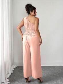 Elenzga Summer Fashionable French Retro Romantic Asymmetric Shoulder Floral Jumpsuit - Pink - View 2
