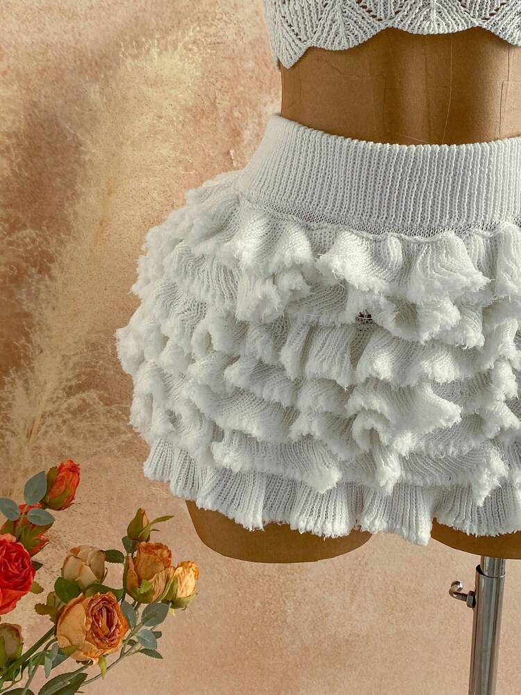 Conjunto de 2 peças Soleia para Férias: Top de Alça Trançada de Malha e Vestido Mini com Babados Sobrepostos, Adequado para Praia, Beira-mar, Férias Românticas, Encontros Sexy, Férias na Praia, Encontros em Feriados, Chá da Tarde, Temporada de Casamentos, Festa, Férias de Cruzeiro à Beira-mar, Férias na Cidade, Férias Boho, Festival de Música, Hippie, Estilo Ocidental - Branco - Visão 5