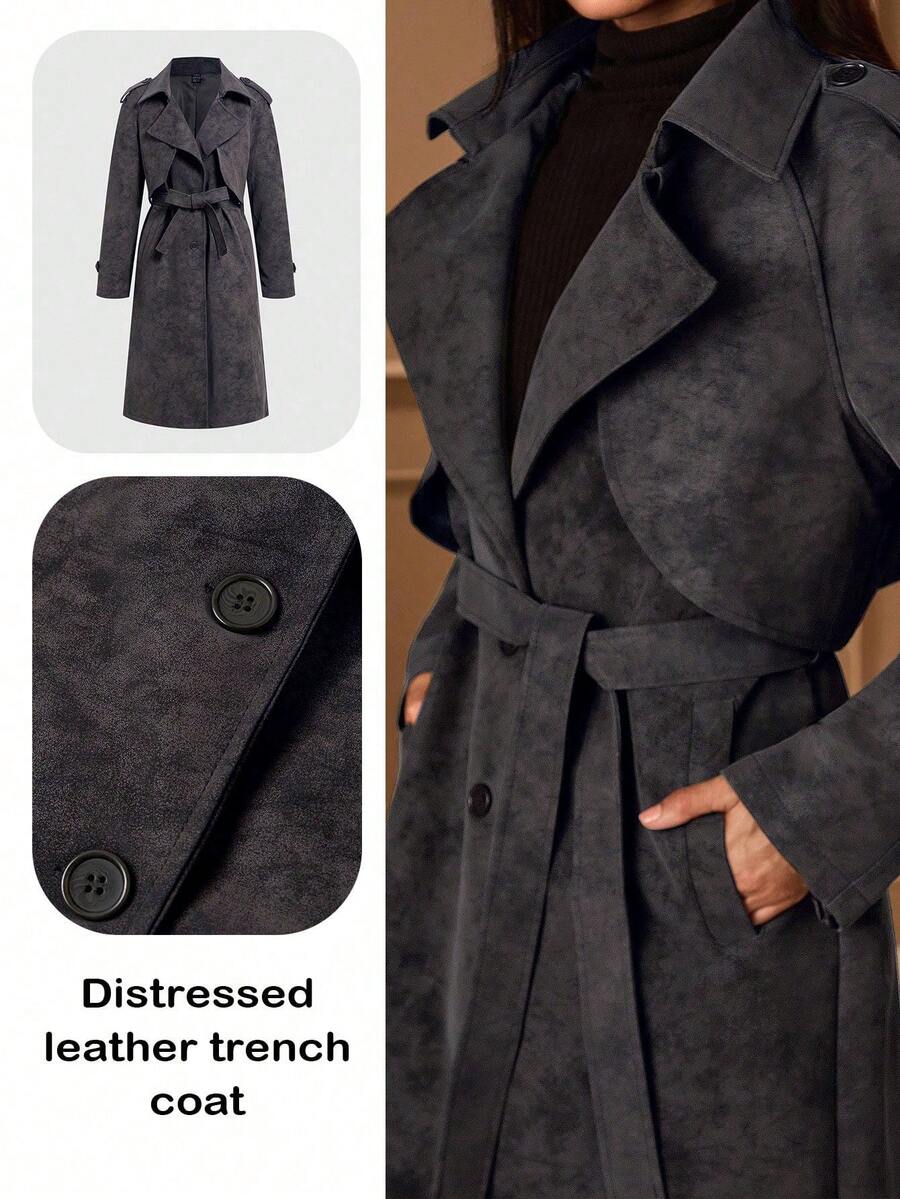 Lilora 女士复古高端极简羊毛混纺风衣，收腰中长款羊毛大衣，冬季必备 - 黑色 - 查看 1