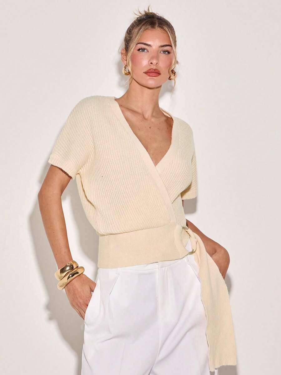 COSMINA Women's Cream Color Batwing Short Sleeve Wrap Casual Loose Knit Top - Light Yellow - View 1