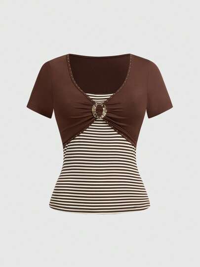 Grunge Punk T-shirt a maniche corte con scollo a V, a righe e patchwork, in stile vintage Y2K