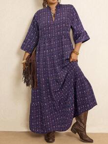 SHEIN LUNE 大码女式碎花V领喇叭袖休闲宽松连衣裙 - 寶藍色 - 查看 5