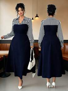 SHEIN Elenzya Váy dài tay cổ chữ V họa tiết sọc cổ điển cỡ lớn dáng chữ A thời trang thanh lịch thoải mái thường ngày 2 trong 1 dành cho nữ - Xanh và trắng - Xem 4
