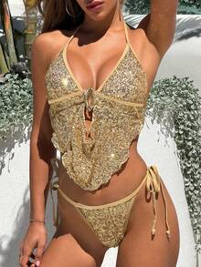 Bonvoyette Women's Champagne Sequin Textured Fabric Spaghetti Strap Tie Strap Backless Crop Top And Bikini Two Pieces Set, Casual Beach Holiday - Champagne - View 6