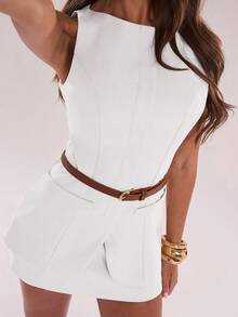 SHEIN BAE Elegant Solid Color Fitted Vest And Short Skirt Suit, Suitable For Daily Commute In Fall/Winter - White - View 3