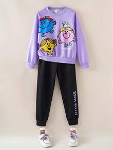 Mr Men Little Miss X SHEIN Tween Girl Casual Cute Cartoon & Letter Graphic Crew Neck Sweatshirt And Pants Set, Autumn - Multicolor - View 1