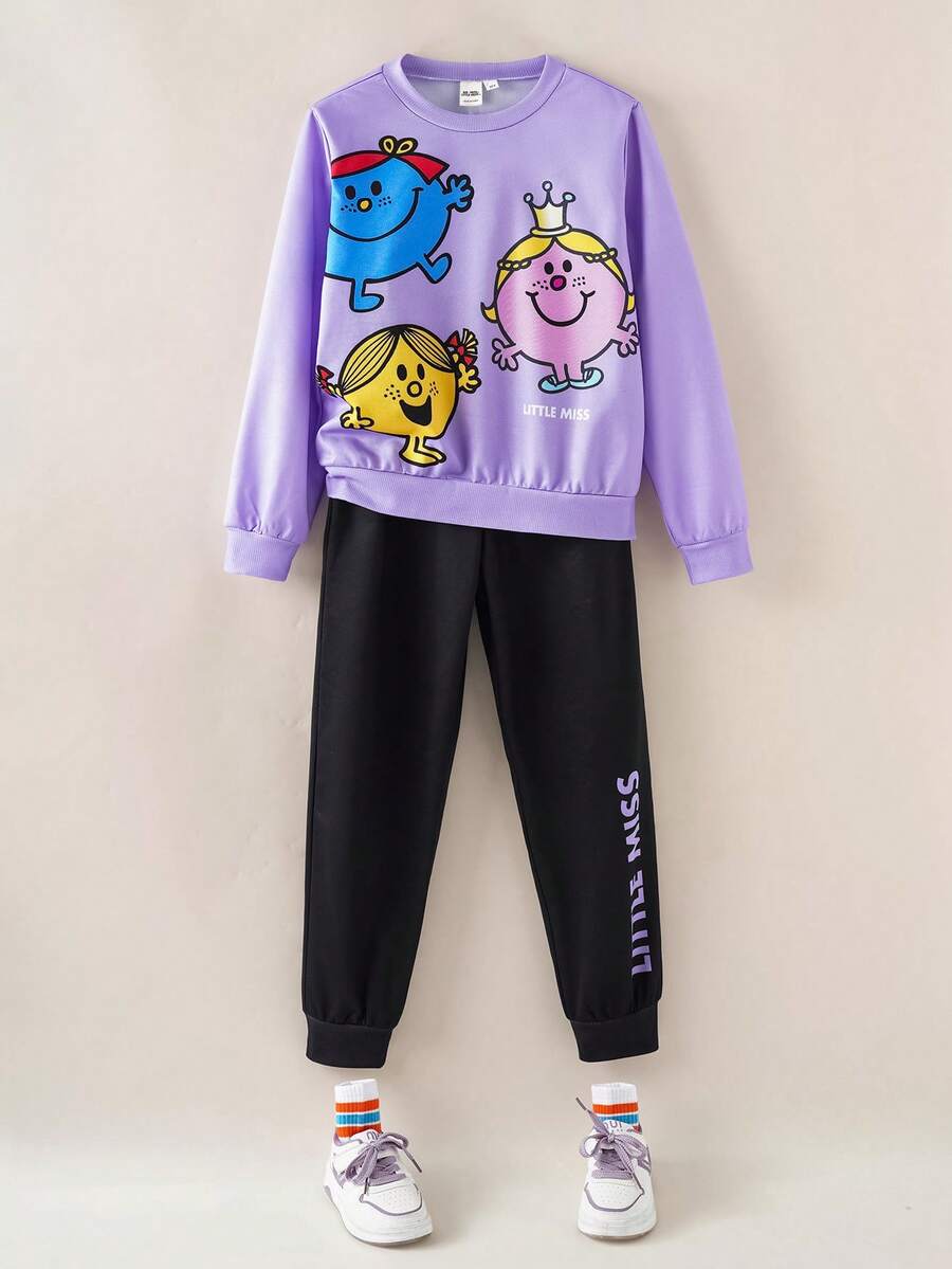 Mr Men Little Miss X SHEIN Tween Girl Casual Cute Cartoon & Letter Graphic Crew Neck Sweatshirt And Pants Set, Autumn - Multicolor - View 1