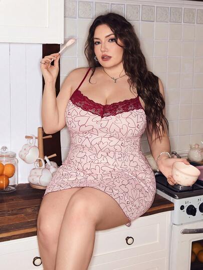SweetSlumber Plus Size Sweet Ins Valentine's Day Line Heart Print Patchwork Contrast Color Lace Comfortable Knit Camisole Nightgown Plus Size Sexy Sleepwear