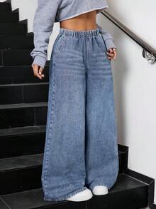 SHEIN Teen GirlLoose Straight Leg Blue Jeans - Medium Wash - View 5