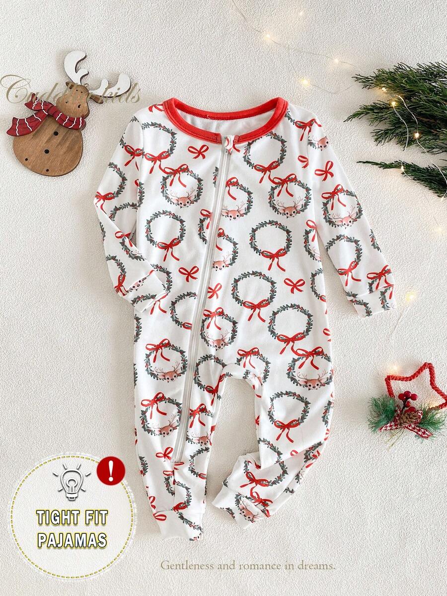 SHEIN Baby Girl Cute Bow All-Over Print Jumpsuit With Zipper,Long Sleeve Romper Snug Fit White,Autumn,Matching Family Christmas Reindeer Pajama Fall Winter - Multicolor - View 1