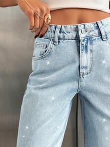 EURMUSE High Waist Stone Detailed Straight Jean Loose Jeans Light Wash Jeans Wide Leg Jeans - Light Wash - View 3