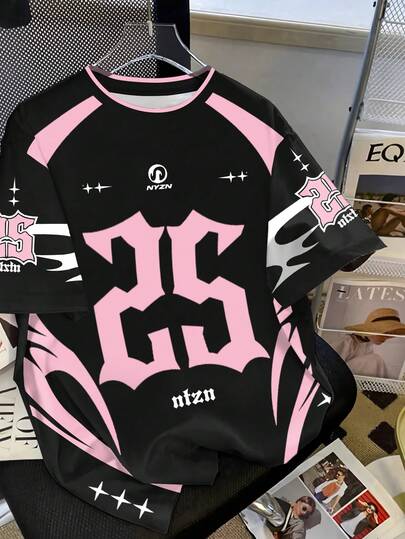 INAWLY Hot-Selling Style, Black And Pink Contrasting Color Gothic Style Short-Sleeved T-Shirt For Women, Suitable For Daily Shopping And Fashion Store Check-In And Date Wear, And Versatile Tops