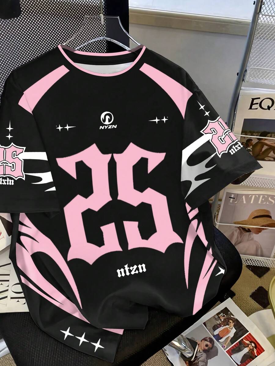 INAWLY Hot-Selling Style, Black And Pink Contrasting Color Gothic Style Short-Sleeved T-Shirt For Women, Suitable For Daily Shopping And Fashion Store Check-In And Date Wear, And Versatile Tops - White - View 1