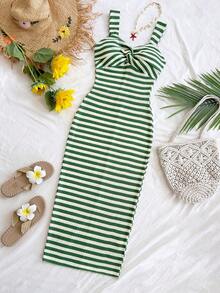 Soleia 女士休闲条纹扭结侧开衩中长连衣裙，适合度假 - 綠色 - 查看 5