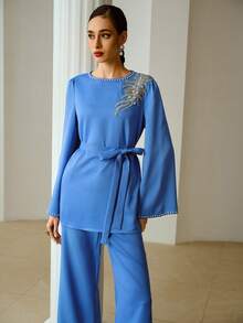 ZEYLAH 女士优雅宴会水钻仿珍珠装饰网纱喇叭袖上衣配腰带和喇叭裤两件套 - 藍色 - 查看 4