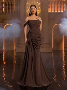 Glamrae Elegant Minimalist Constructivist Off Shoulder Neckline Eyelash Lace Trim Draped Sheer Dress Women's Formal Evening Gown, Formal Dress, Lightweight Mesh Dress