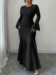 Elenzga 大码女式休闲纯色罗纹修身长裙 - 黑色 - 查看 6