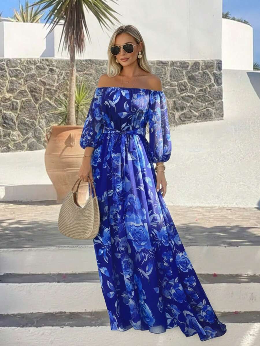 EMERY ROSE Women's Off Shoulder Floral Print Dress, Casual Elegant Beach Vacation Dress - Multicolor - View 1