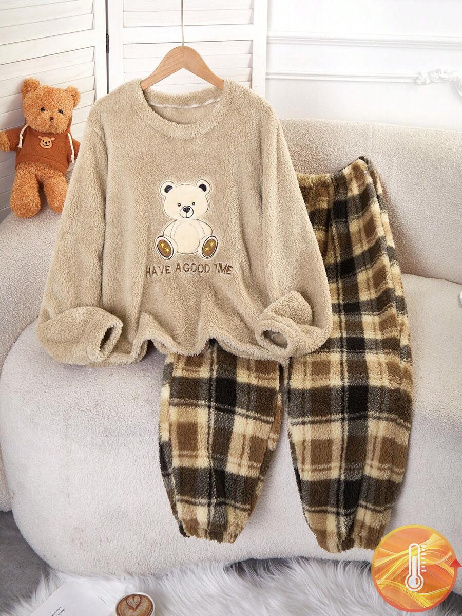 1 Bộ Áo len dài tay màu kem đính nơ cho bé gái tuổi teen + Quần ngủ bằng vải nhung đính nơ, vải dệt co giãn, có thể giặt bằng máy, vừa vặn thoải mái, trang phục gia đình đồng bộ (1 Bộ bán riêng) - Nhiều màu - Xem 1