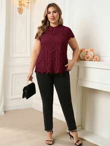 Reflora Plus Size Elegant Lace Patchwork Chiffon Top - Burgundy - View 6