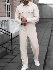 Manfinity Homme Áo sơ mi nam tay dài màu mơ phong cách trưởng thành có túi tiện dụng kèm quần liền - Màu be - Xem 3