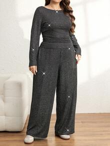 SHEIN LUNE 2 piezas Conjunto de top de manga larga y pantalones de tela cómoda y texturizada para mujer de talla grande - Negro - Ver 7