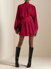 SHEIN Veneréa Autumn New Ruffled Hem Printed Long Sleeve Waist Cinched Mini Dress