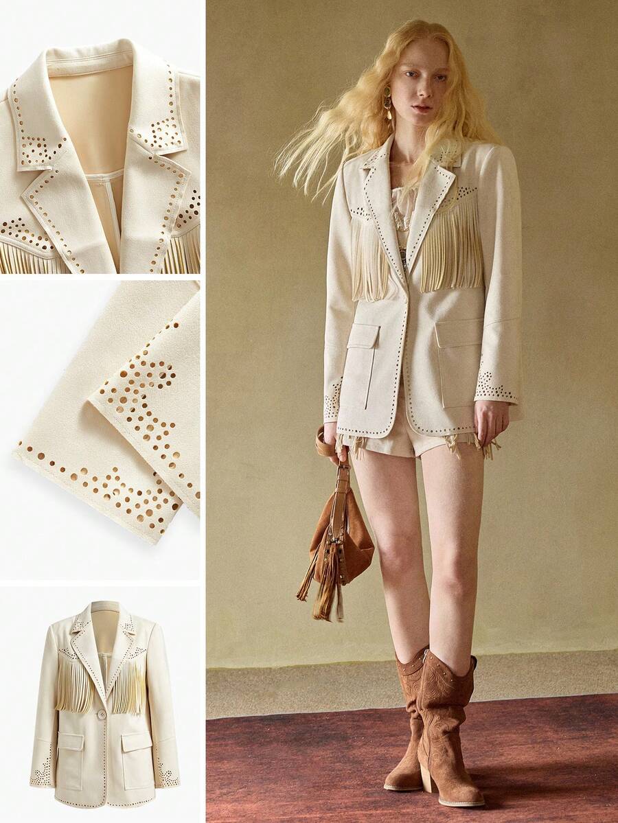 MOTF STUDIO WOMEN'S FRINGE DETAIL POINTELLE TRIM LAPEL COLLAR BLAZER, AUTUMN/WINTER - Beige - View 1