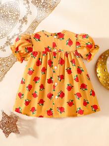 SHEIN Đầm ngắn tay bồng màu cam in họa tiết hoa hồng phối ren trắng cho bé gái sơ sinh, kiểu dáng mùa hè mới, thích hợp cho tiệc tùng, họp mặt, dạ hội và mặc hàng ngày. - Màu vàng - Xem 3