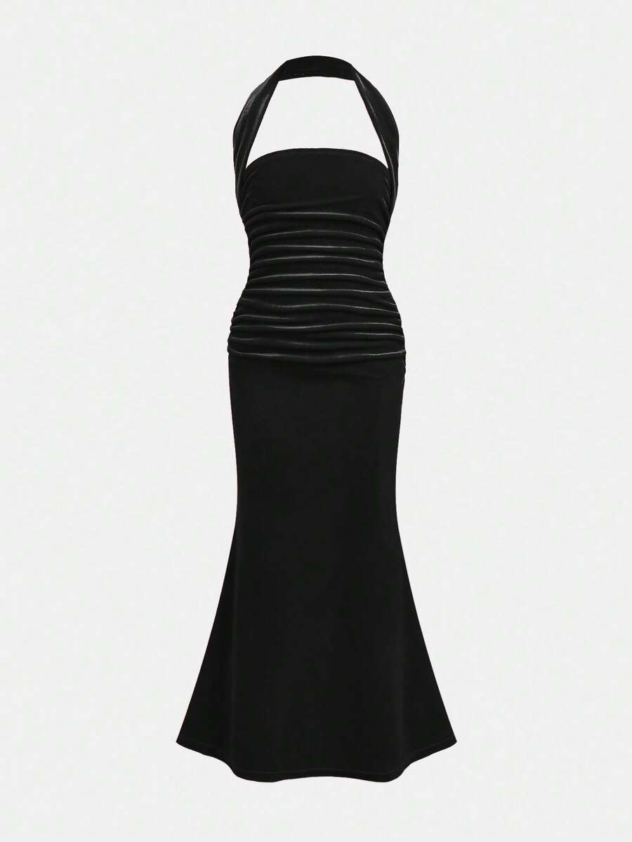 SHEIN Tween Girls Solid V-Neck Sleeveless Ruched Waist Velvet Elegant Party Dress Slim Mermaid Halter Neck Dress, For Christmas Party - Black - View 1