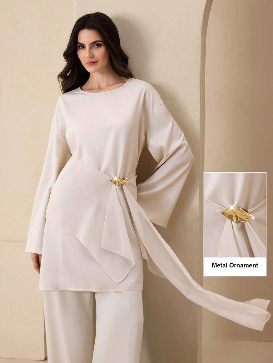 Graceveil 金属扣不对称设计荷叶边下摆长袖女式衬衫