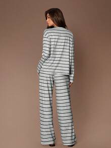 SHEIN Women's Casual Striped Round Neck Long Sleeve Straight Leg Pajama Set Women's Loungwear Striped Pjs Women's Lounge Wear Sets Striped Pajama Set Striped Lounge Set - Grey - View 2