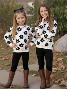 SHEIN 2 pièces/Set Ensemble Sweat-shirt à col ras du cou à manches longues et pantalon imprimé floral pour préadolescentes, automne/hiver - Noir et Blanc - Voir 4