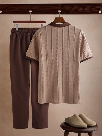Core Aspect Men's Jacquard Knit Polo Shirt And Woven Pants Set, Casual Outfit. Suitable For Daily Outings, Gatherings With Friends, And Relaxing Weekends. Best-Selling Men's 2 Pieces Set On INS. Polo Set For Men Men's 2 Pieces Outfits Brown Brown Sets For Men,Men's Coffee Brown Polo Co-Ord Set With Plain Short Sleeve Top And Matching Pants Casual Fabric Outfit