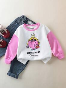 Mr Men Little Miss X SHEIN Hanorac cu mânecă lungă, cu imprimeu de litere și desene animate, în blocuri de culori, pentru fete tinere - Multicolor - Vizualizare 1
