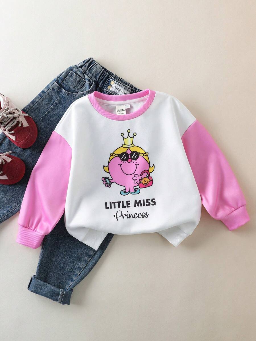 Mr Men Little Miss X SHEIN Hanorac cu mânecă lungă, cu imprimeu de litere și desene animate, în blocuri de culori, pentru fete tinere - Multicolor - Vizualizare 1