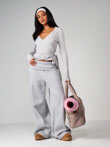 MISSGUIDED High Rise Wide Leg Joggers With Roll Top Waistband And Side Tie Detail For Casual Loungewear - Light Grey - View 4