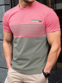 Manfinity Dauomo 加大码男士圆领短袖条纹休闲T恤，夏季 - 彩色 - 查看 1