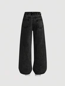Girlism Quần jeans ống rộng dáng suông thoải mái, có túi, dành cho bé gái tuổi teen. - màu đen - Xem 2