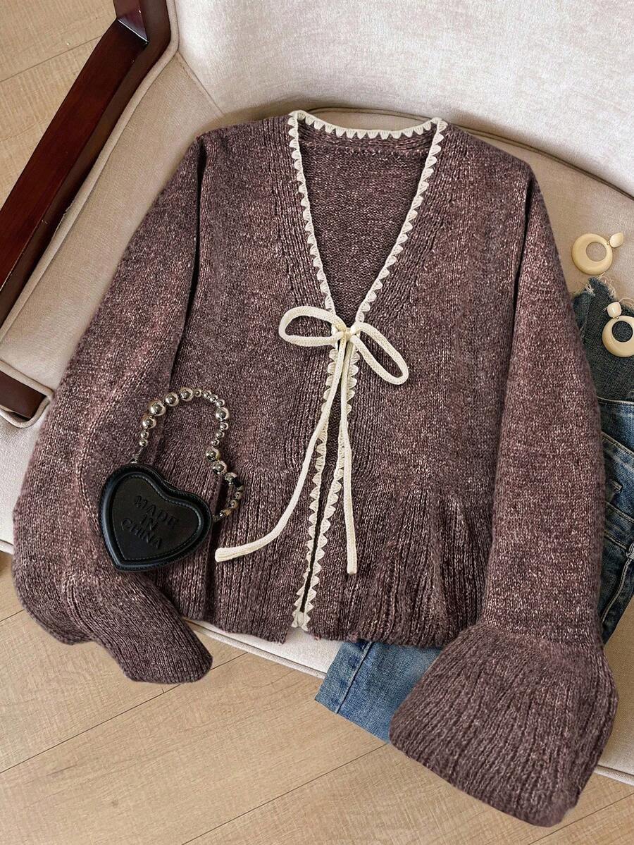 SHEIN Frenchy Women's Casual Contrast Color Trim Tie Front Flare Sleeve Cardigan, Autumn/Winter Brown - Brown - View 1