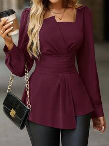 SHEIN Clasi 女士优雅纯色长袖衬衫 - 酒紅色 - 查看 10