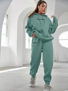 EURMUSE Cotton Slogan Graphic Drop Shoulder Drawstring Hoodie & Sweatpants - Mint Green - View 3