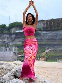 Opulessa 女士度假针织网眼印花修身抹胸上衣和低腰紧身鱼尾裙两件套 - 粉色 - 查看 6