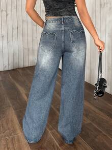 SHEIN PETITE Women's Pocketed Button Casual Versatile Commuting Wide Leg Jeans Jean Outfits Sets For Women Y2k Jeans  Heart Pocket Jeans Valentines Day - Blue - View 2