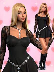 EgrlEra Lace Patchwork Generous Collar Bust Cup Structure Women Dress