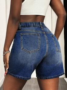 SHEIN SXY 大码女式破洞牛仔紧身时尚性感短裤 - 深色水洗藍 - 查看 2
