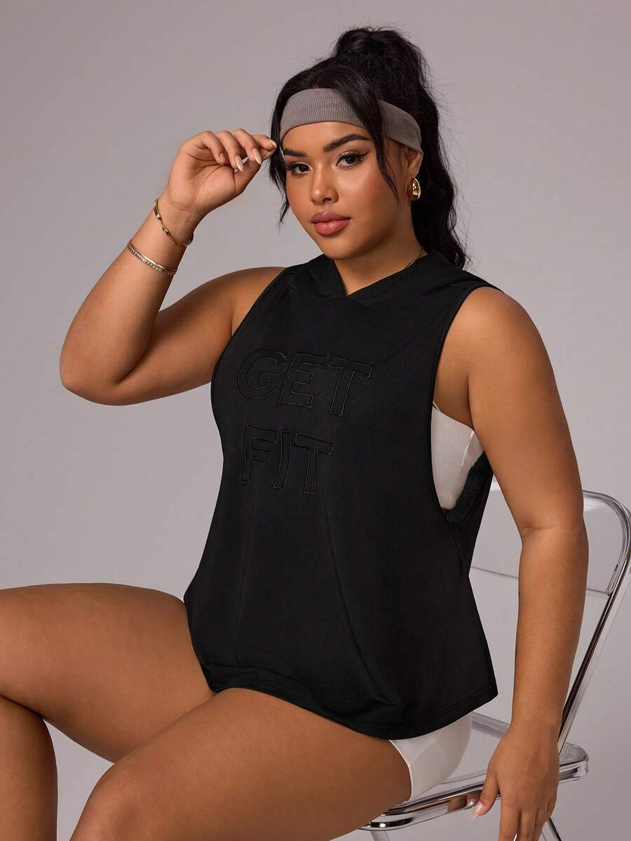 Rhythm Era Women's Casual Sleeveless Sweatshirt With Embroidered Slogan, Loose Fit For Sports, Yoga, Daily Wear, Plus Size Plus Size Workout Top Plus Size Athletic Tops Curve Activewear Tops Workout Hooded Vest Plus Size Sportswear - Black - View 1