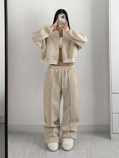 StreetHx Ensemble De Deux Pièces Veste De Baseball À Fermeture À Glissière Pour Femmes Et Pantalon Taille À Cordon