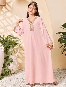 SHEIN Tween Girls' V-Neck Long Sleeve Dress, Traditional Arabian Robe With Golden Sash, Spring/Summer - Pink - View 5